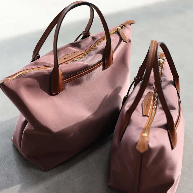 Nylon Leather Trim Zipper Tote Bag