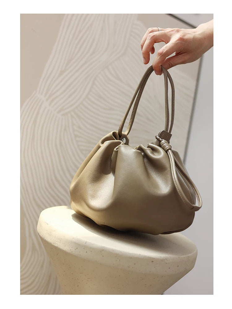 Ruched Leather Drawstring Shoulder Bag