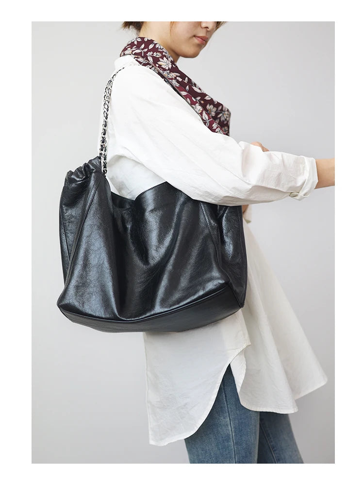 Chain Strap Leather Shoulder Tote