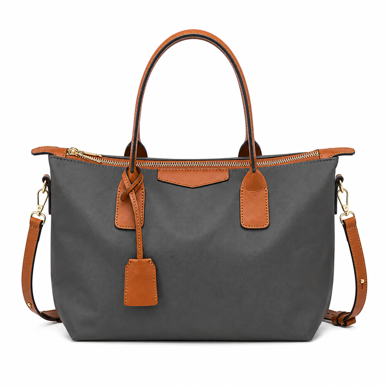 Nylon Leather Trim Zipper Tote Bag