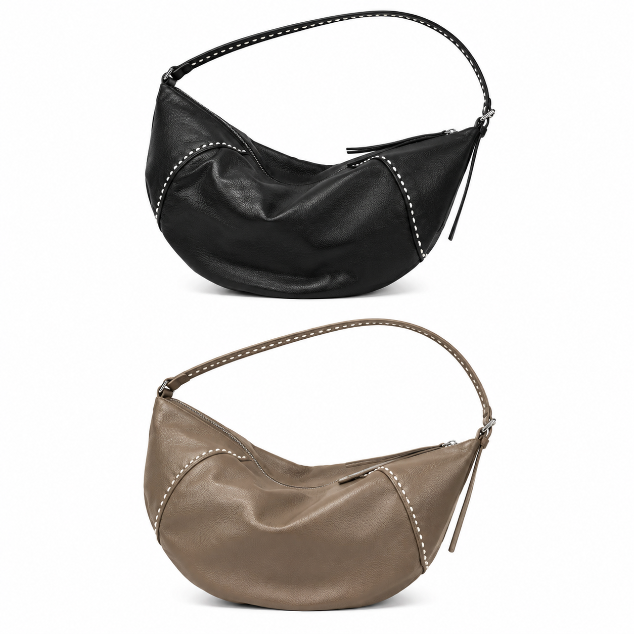 Stitched Leather Crescent Shoulder Bag