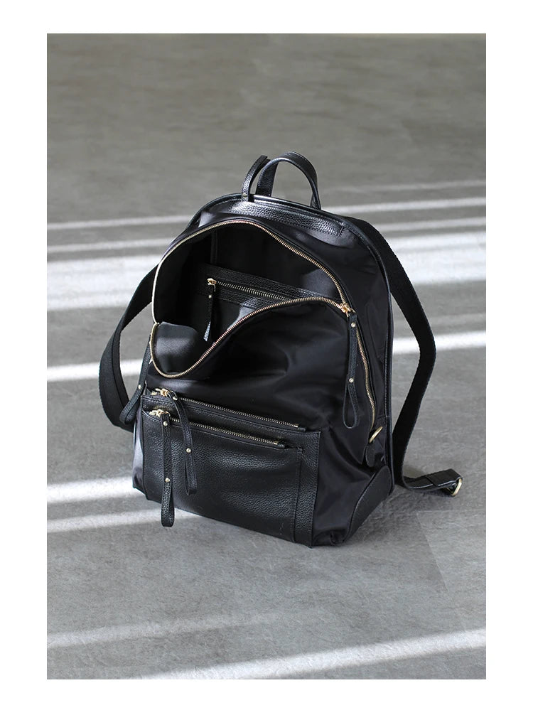Nylon Leather Pocket Backpack