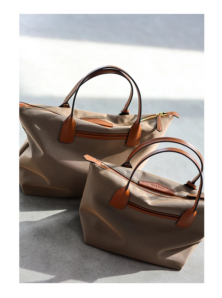 Nylon Leather Trim Zipper Tote Bag