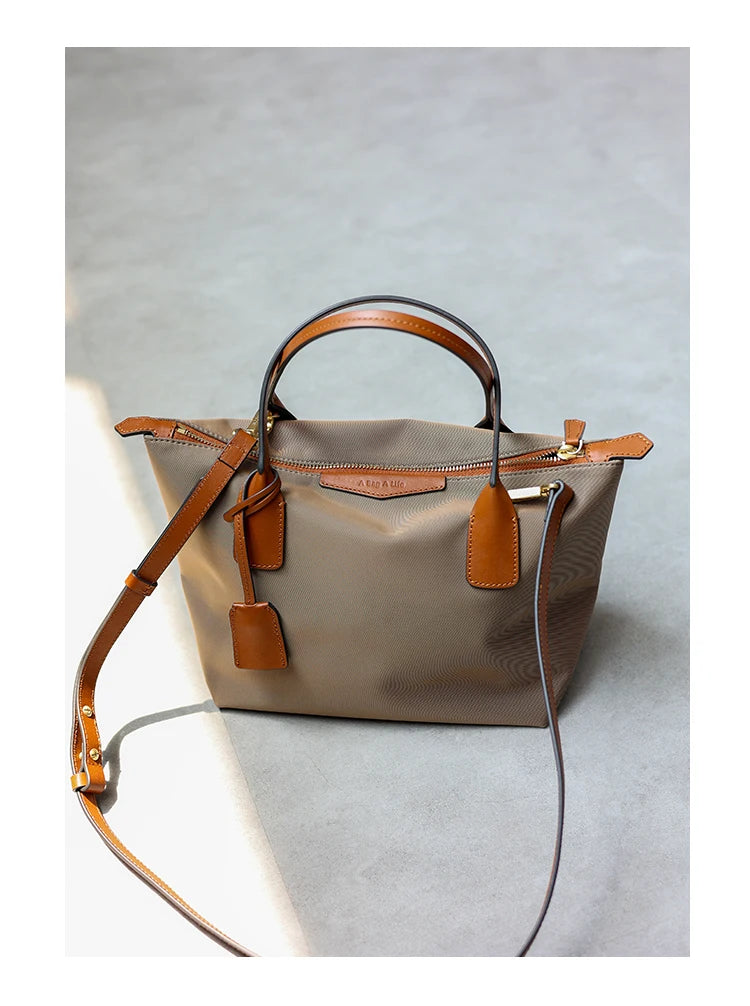 Nylon Leather Trim Zipper Tote Bag