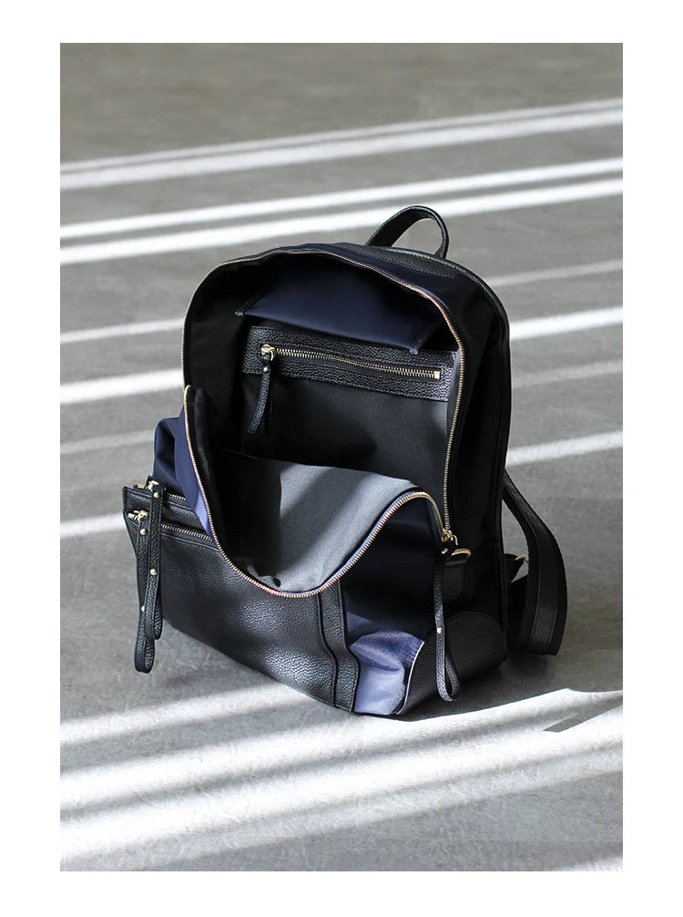 Nylon Leather Pocket Backpack