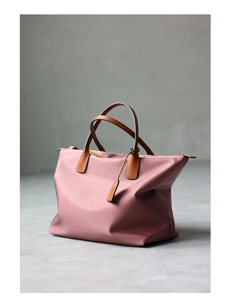 Nylon Leather Trim Zipper Tote Bag