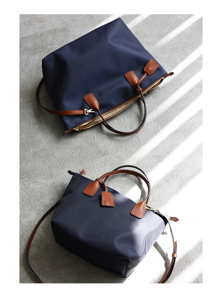 Nylon Leather Trim Zipper Tote Bag