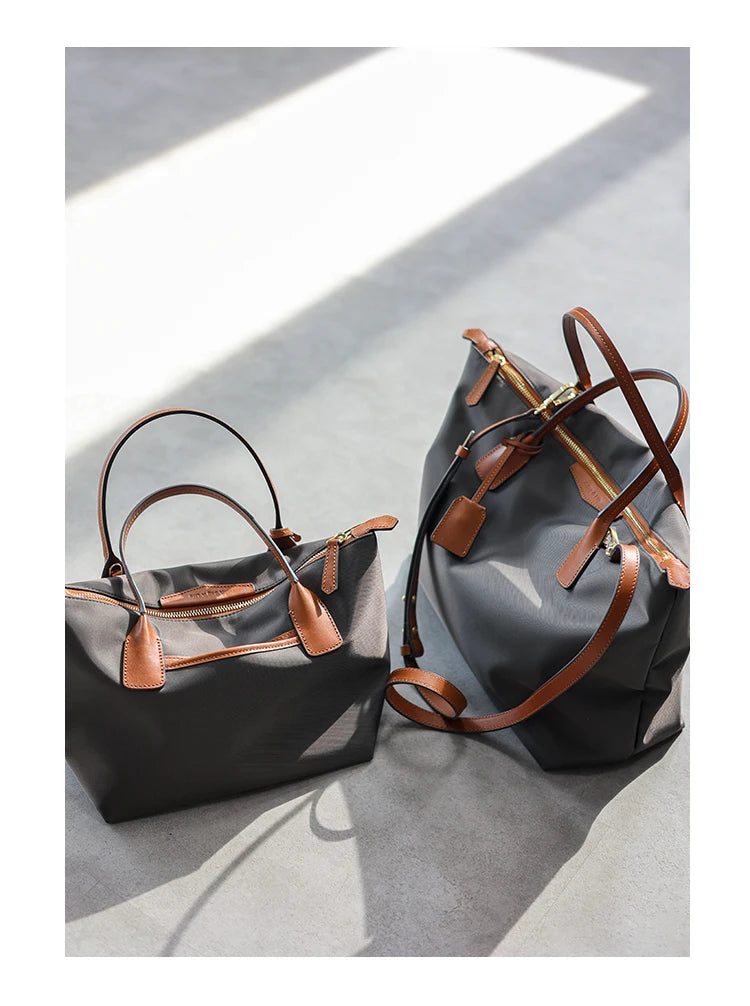 Nylon Leather Trim Zipper Tote Bag