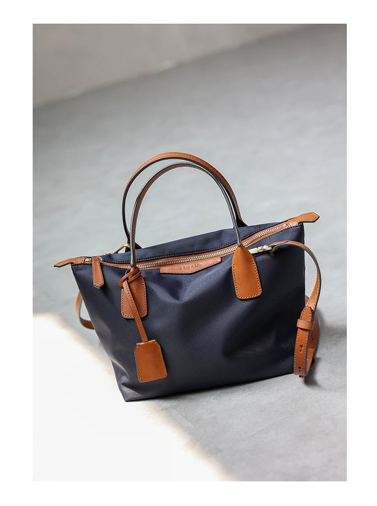 Nylon Leather Trim Zipper Tote Bag