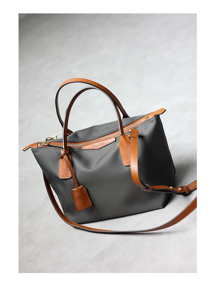 Nylon Leather Trim Zipper Tote Bag