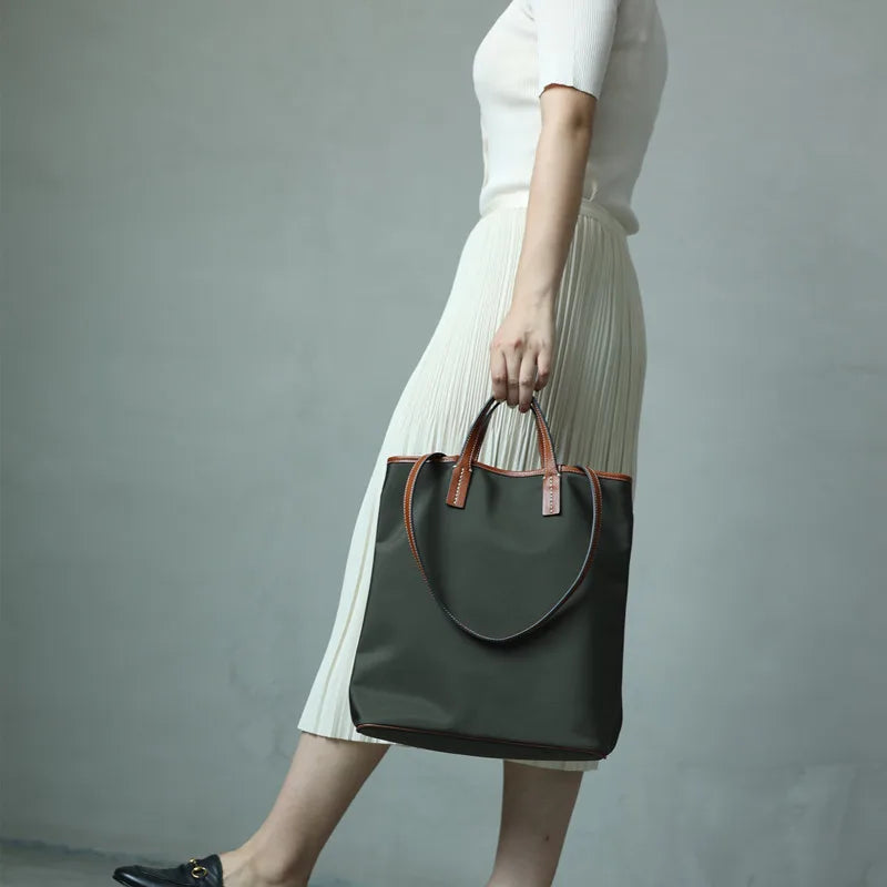 Nylon Leather Trim Tote Bag
