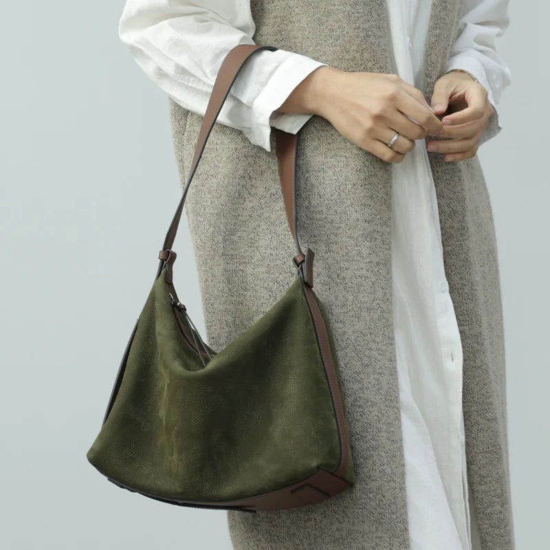 Suede Leather Trim Hobo Bag