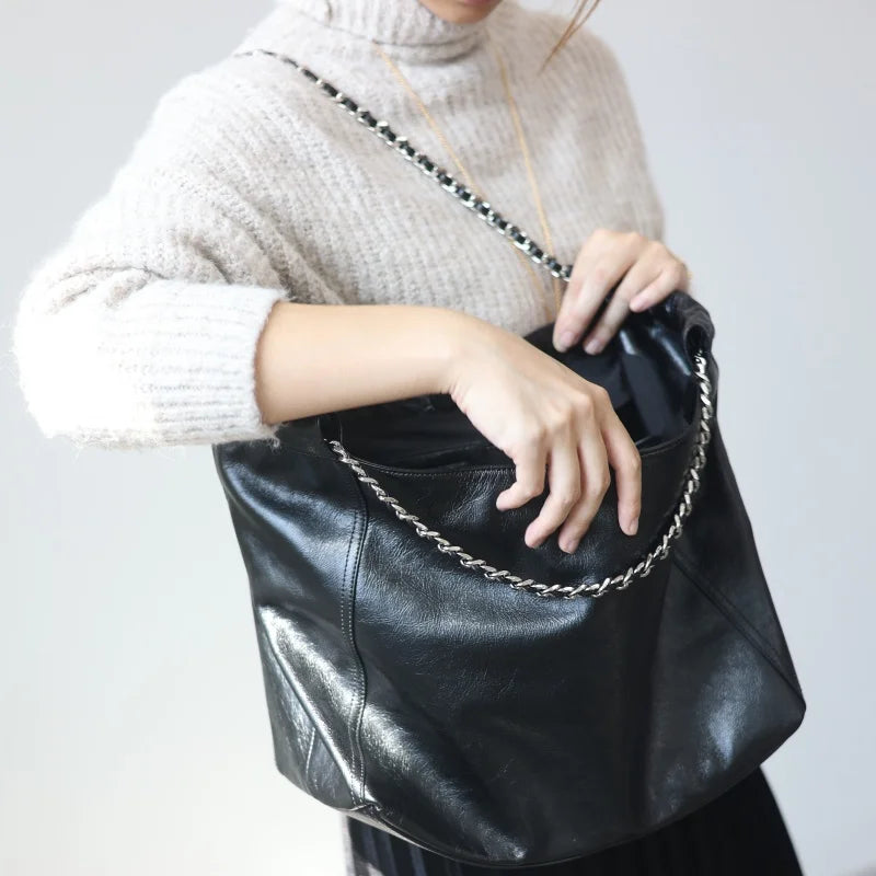 Chain Strap Leather Shoulder Tote