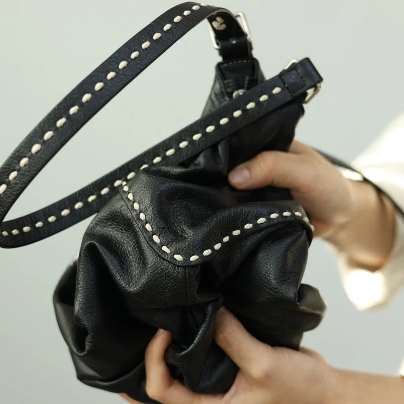 Stitched Leather Crescent Shoulder Bag