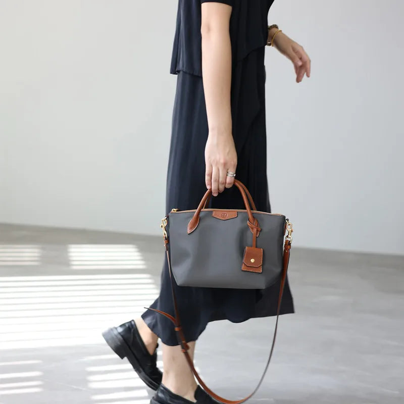 Nylon Leather Trim Crossbody Tote