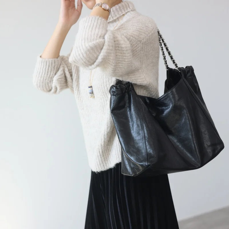 Chain Strap Leather Shoulder Tote