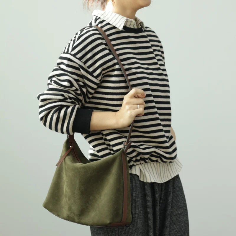 Suede Leather Trim Hobo Bag