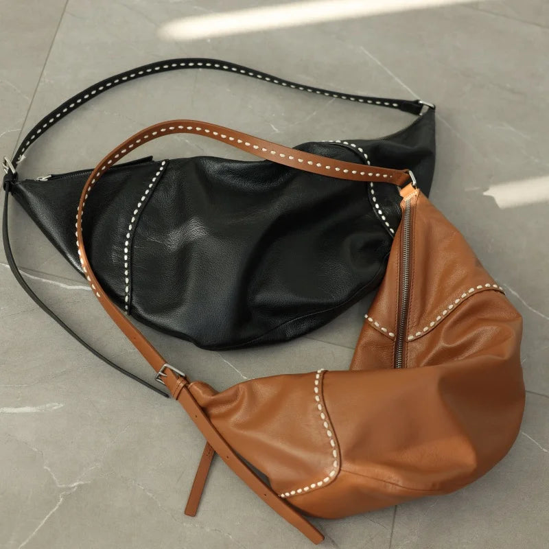 Stitched Leather Crescent Shoulder Bag