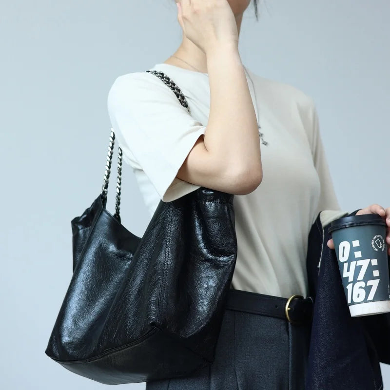 Leather Chain Shoulder Tote