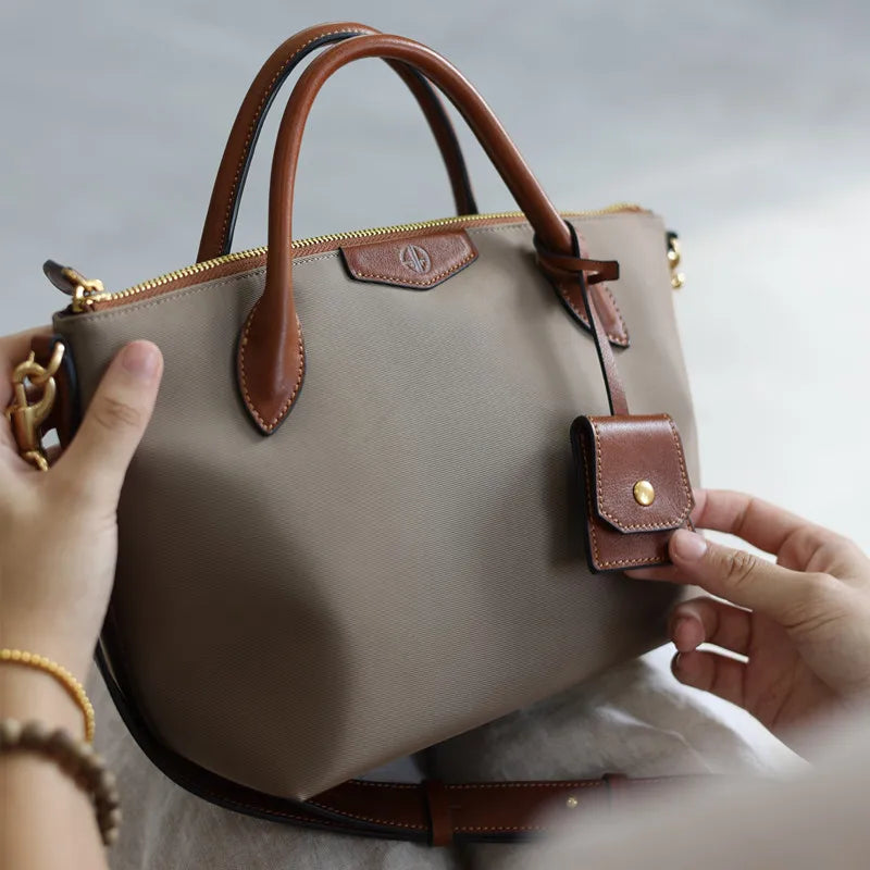 Nylon Leather Trim Crossbody Tote