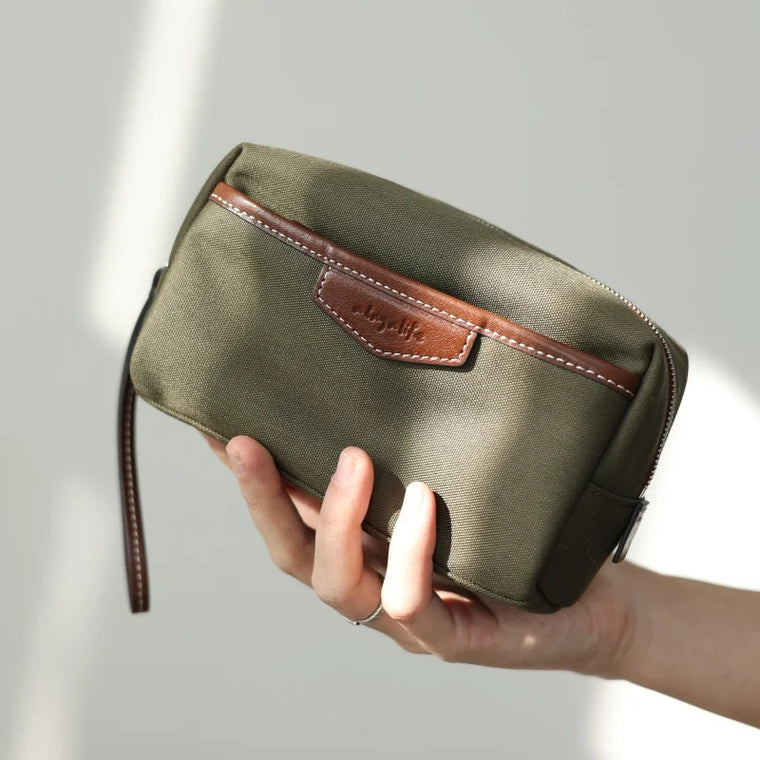 Canvas Leather Trim Zip Pouch