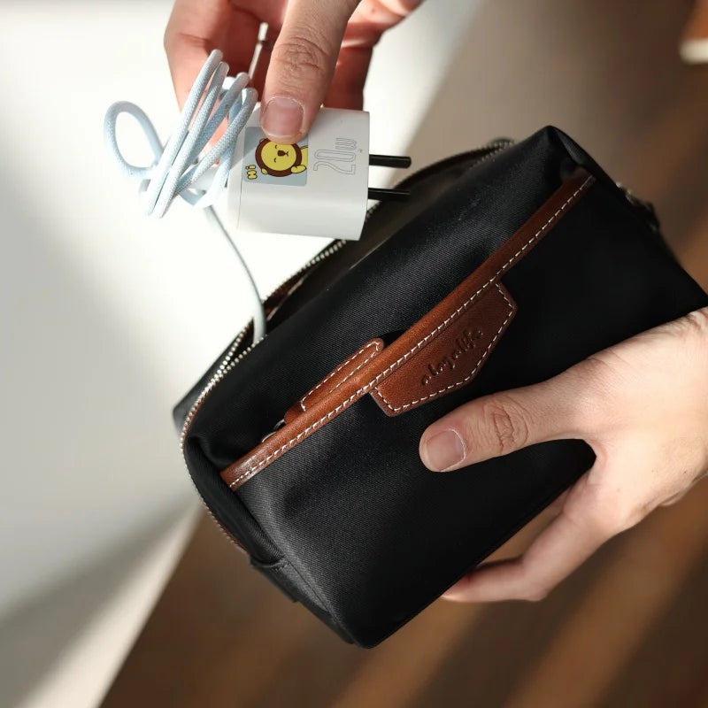 Canvas Leather Trim Zip Pouch