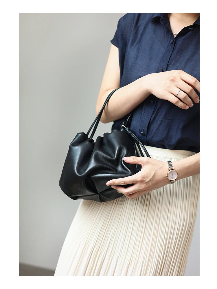 Ruched Leather Drawstring Shoulder Bag
