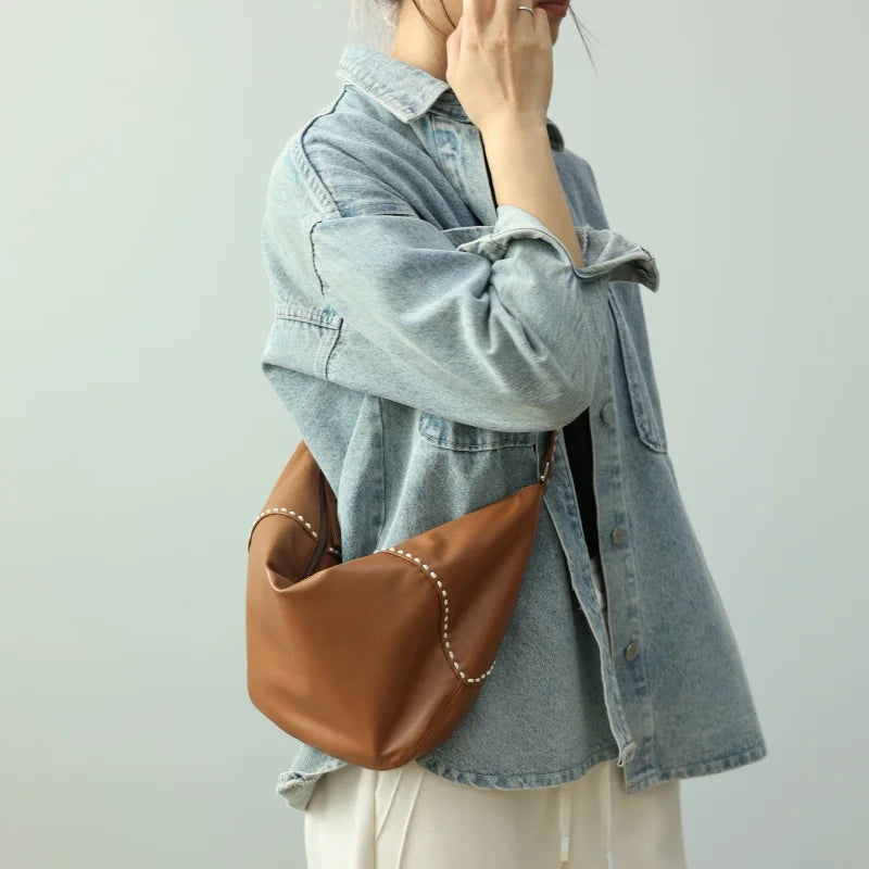Stitched Leather Crescent Shoulder Bag