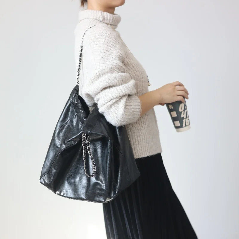 Chain Strap Leather Shoulder Tote