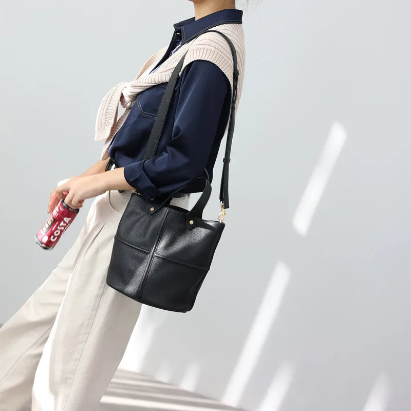 Leather Bucket Crossbody Tote Bag