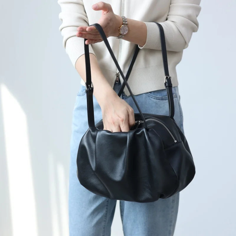 Ruched Leather Shoulder Bag