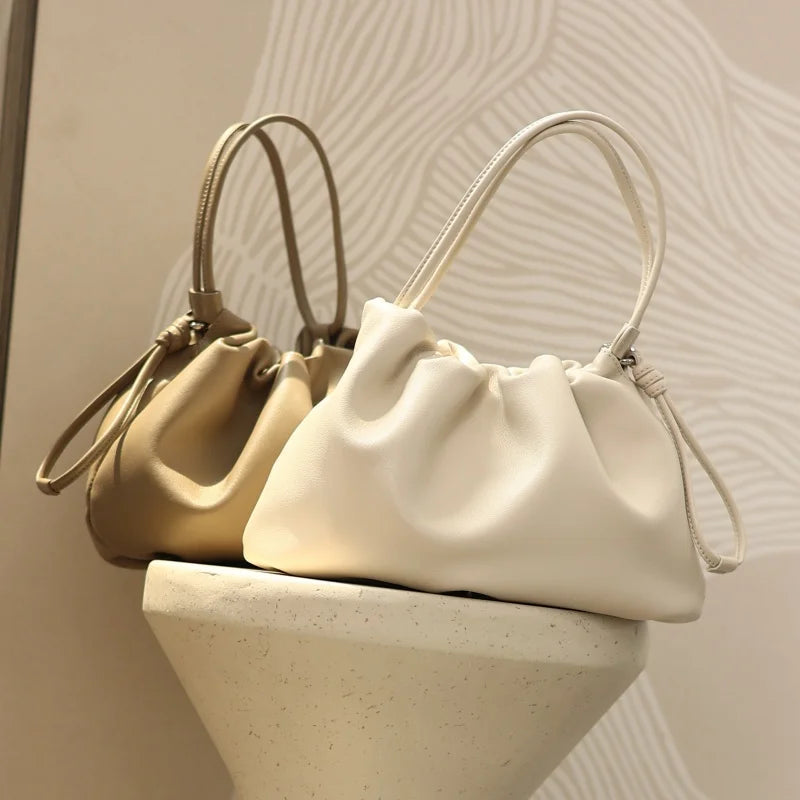 Ruched Leather Drawstring Shoulder Bag