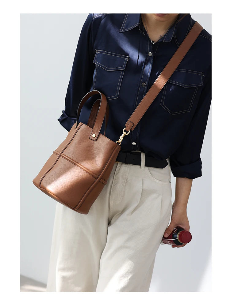 Leather Bucket Crossbody Tote Bag