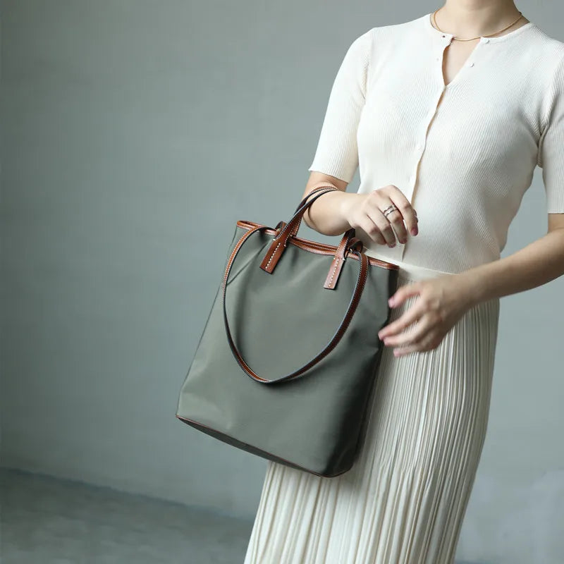 Nylon Leather Trim Tote Bag
