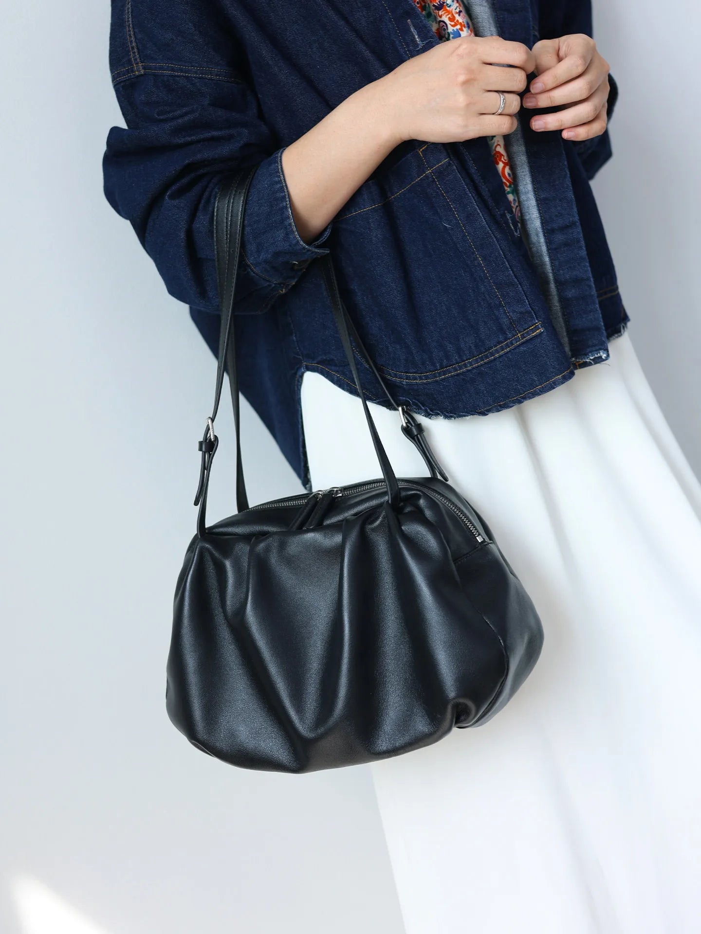 Ruched Leather Shoulder Bag