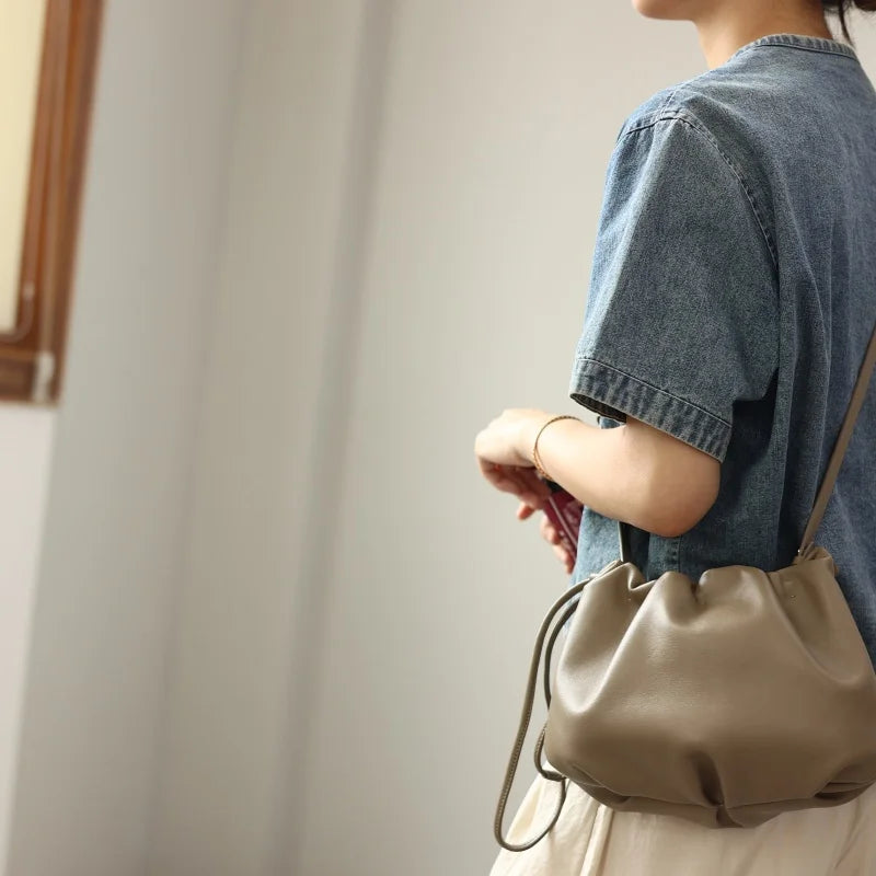 Ruched Leather Drawstring Shoulder Bag
