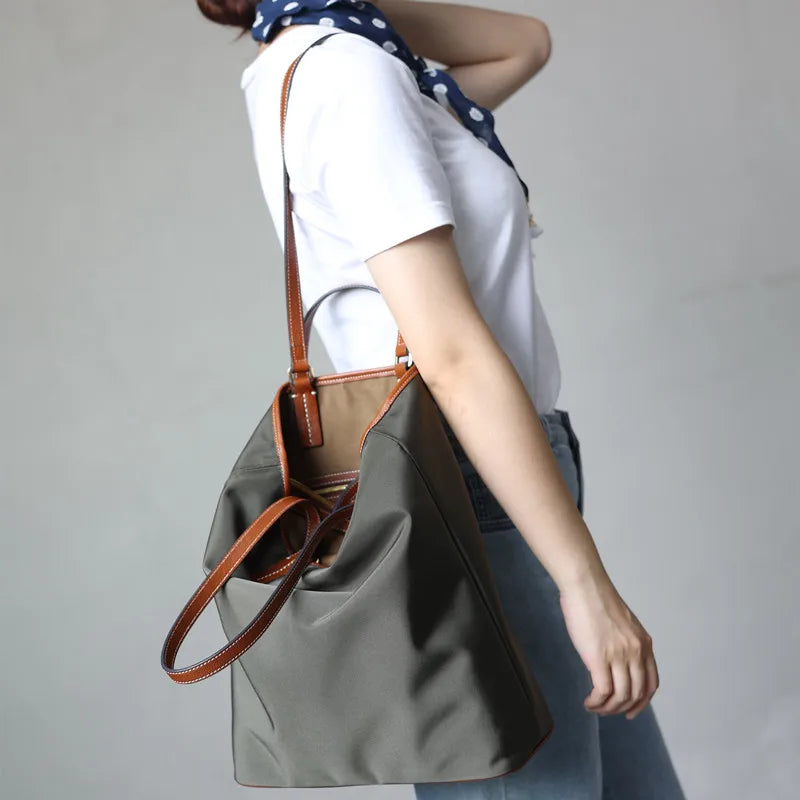 Nylon Leather Trim Tote Bag