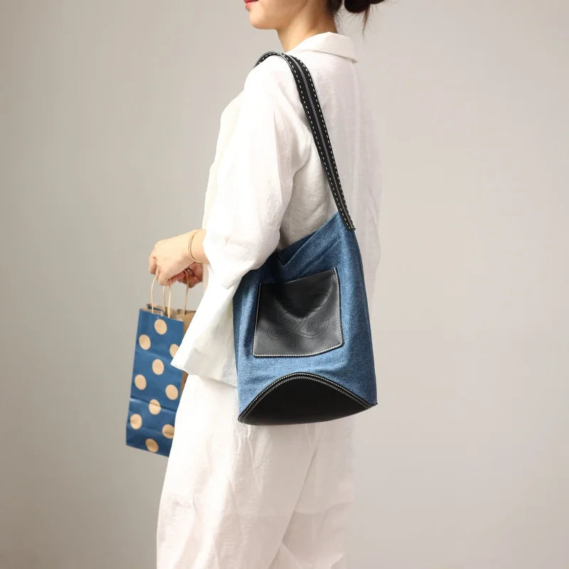 Denim Leather Pocket Shoulder Bag