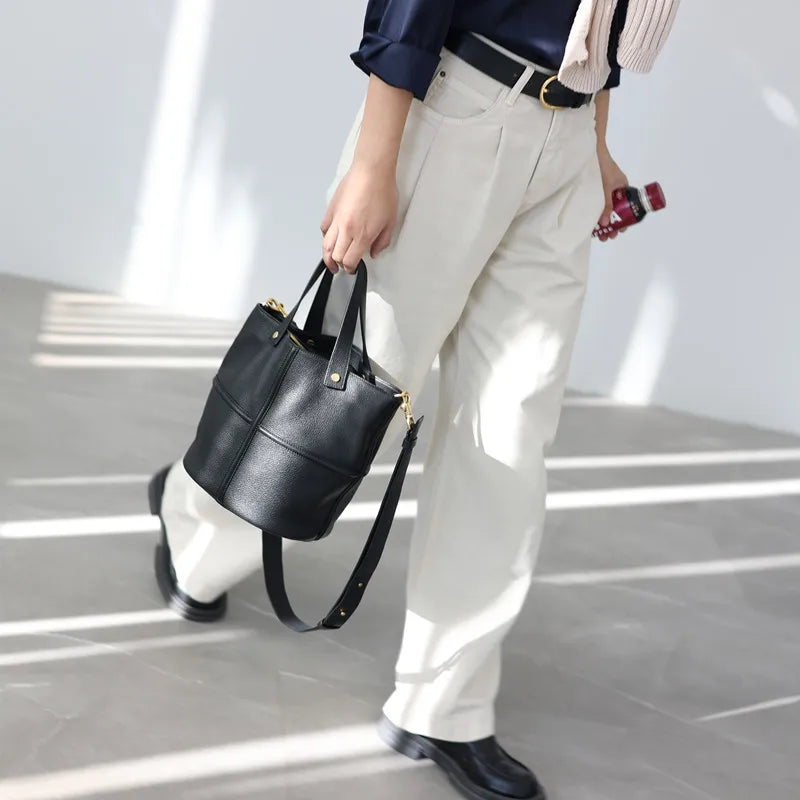 Leather Bucket Crossbody Tote Bag