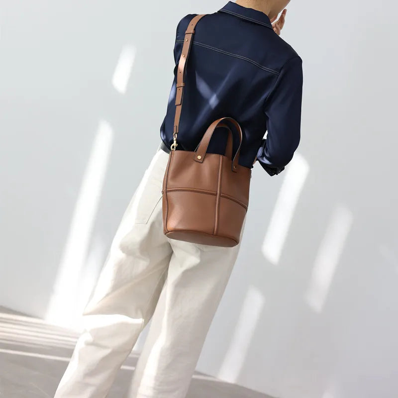 Leather Bucket Crossbody Tote Bag