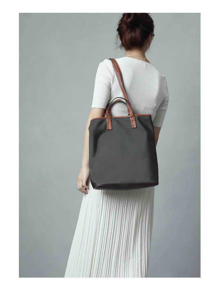 Nylon Leather Trim Tote Bag