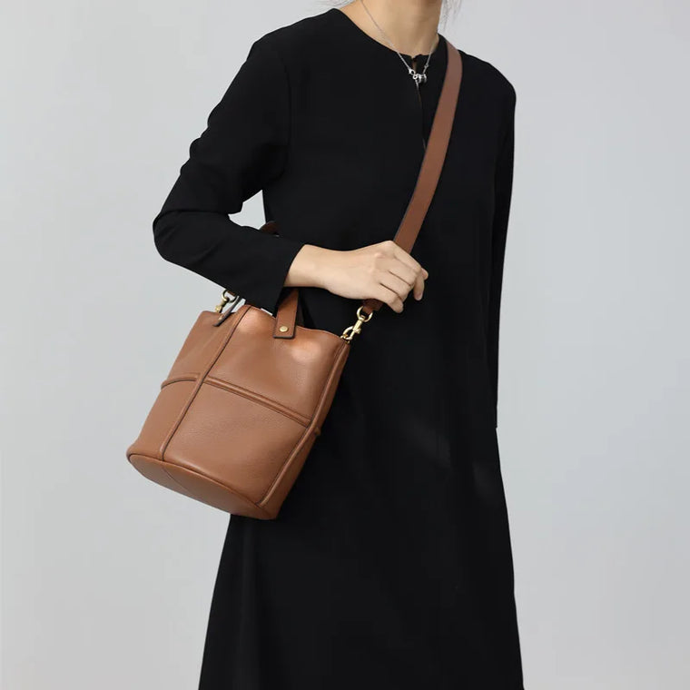 Leather Bucket Crossbody Tote Bag