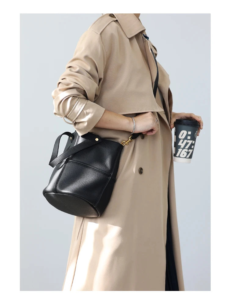 Leather Bucket Crossbody Tote Bag