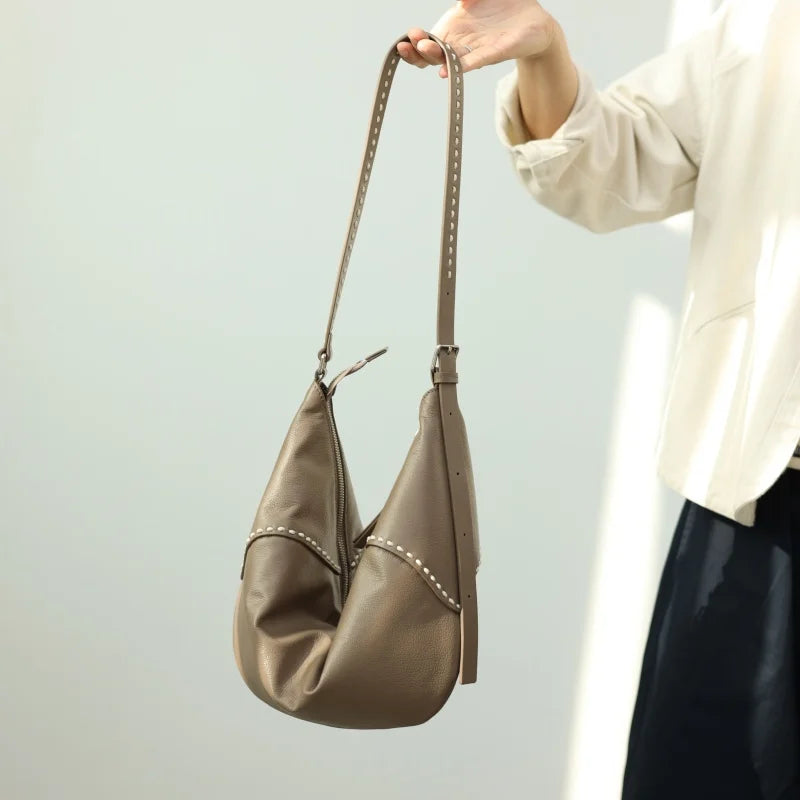 Stitched Leather Crescent Shoulder Bag