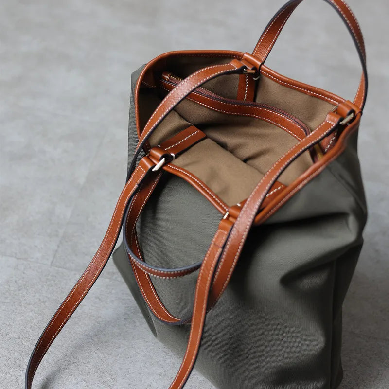 Nylon Leather Trim Tote Bag
