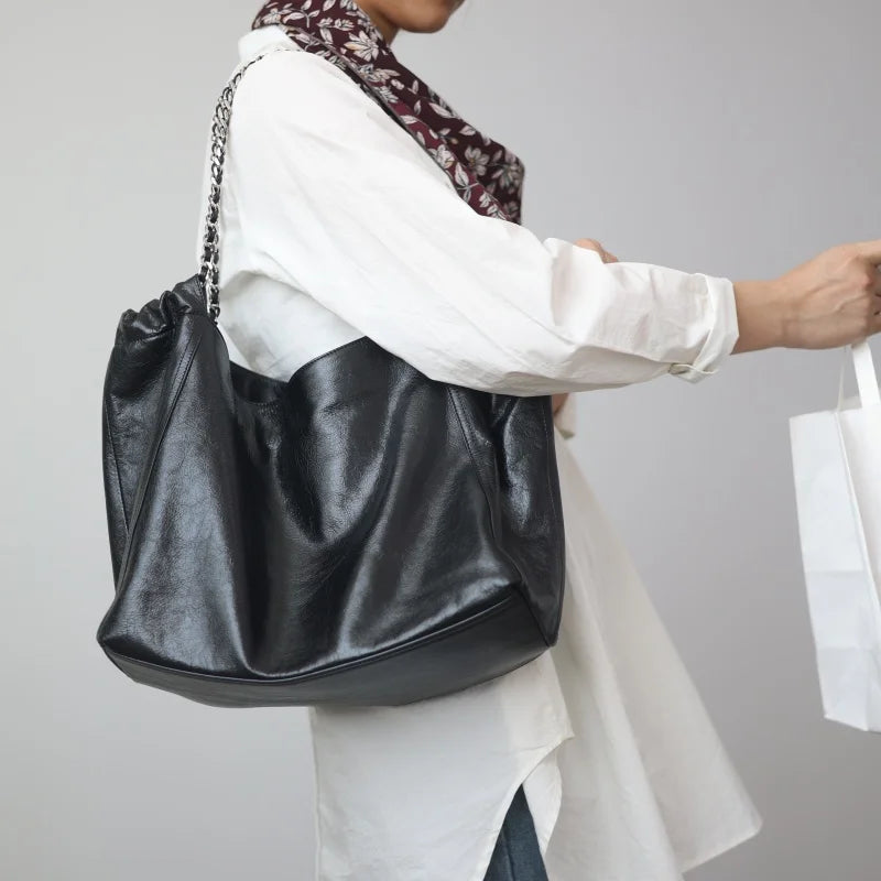 Chain Strap Leather Shoulder Tote