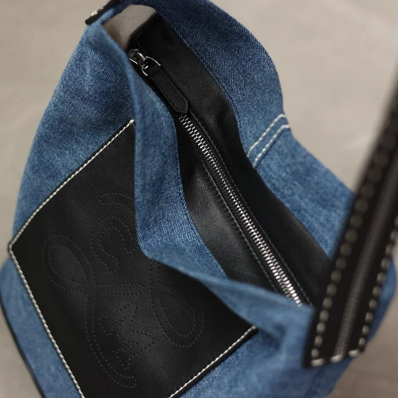 Denim Leather Pocket Shoulder Bag