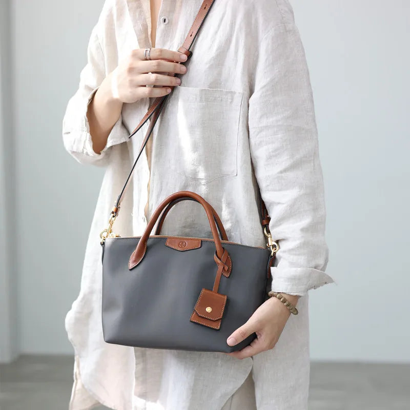 Nylon Leather Trim Crossbody Tote