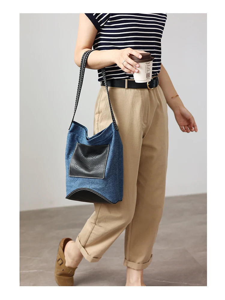 Denim Leather Pocket Shoulder Bag