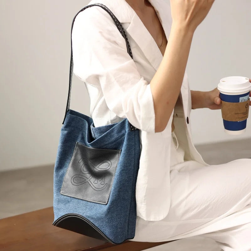 Denim Leather Pocket Shoulder Bag